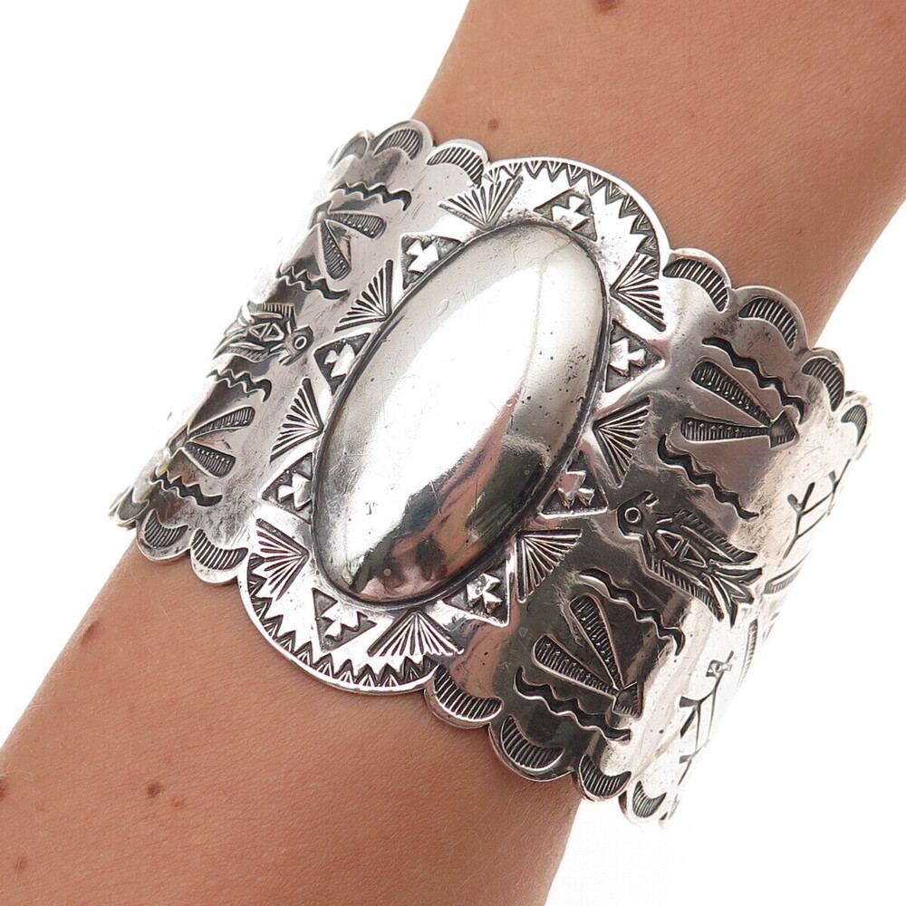 Old Pawn 925 Sterling Vintage Southwestern Heavy 63.7g Wide Cuff Bracelet 7.25"